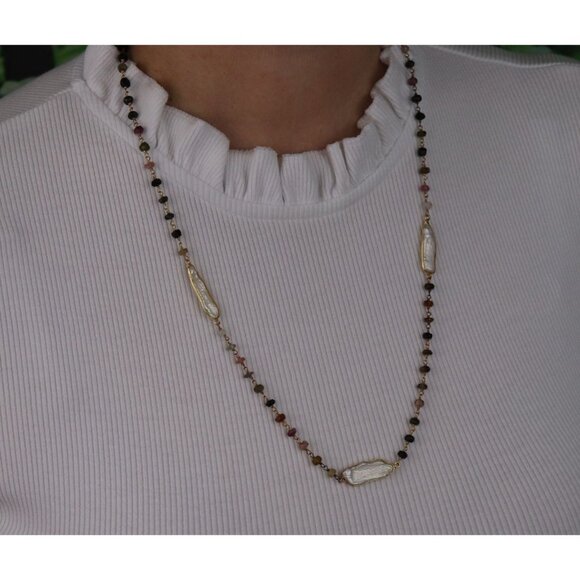 Gold Over Sterling Silver Natural Tourmaline and Keshi Pearl Necklace 24" - Picture 2 of 8